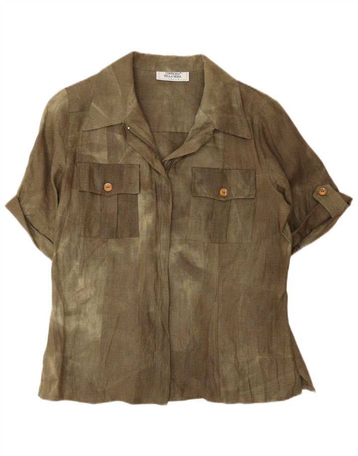 Blusa feminina vintage de manga curta UK 12 médio caqui tie dye seda