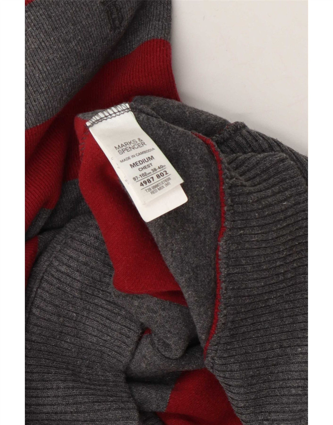 Suéter masculino Marks & Spencer com zíper e gola listrada de algodão cinza médio
