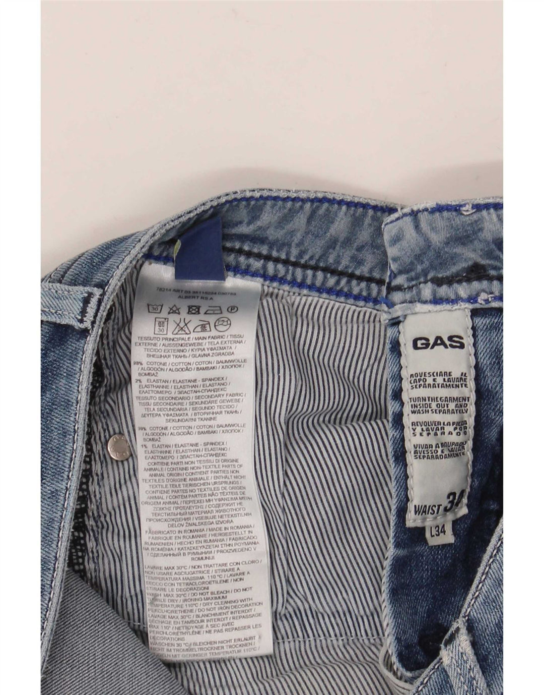 Gas Mens Straight Jeans W34 L34 Azul Algodão