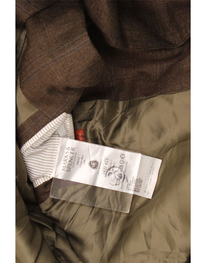 Jaqueta blazer masculina longa de 2 botões Marks & Spencer Reino Unido 46 XL cáqui xadrez lã