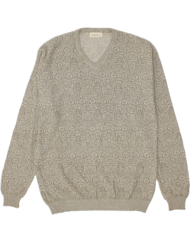 ENZO GOTI Mens V-Neck Jumper Sweater XL Green Fair Isle Cotton Vintage Enzo Goti and Second-Hand Enzo Goti from Messina Hembry 