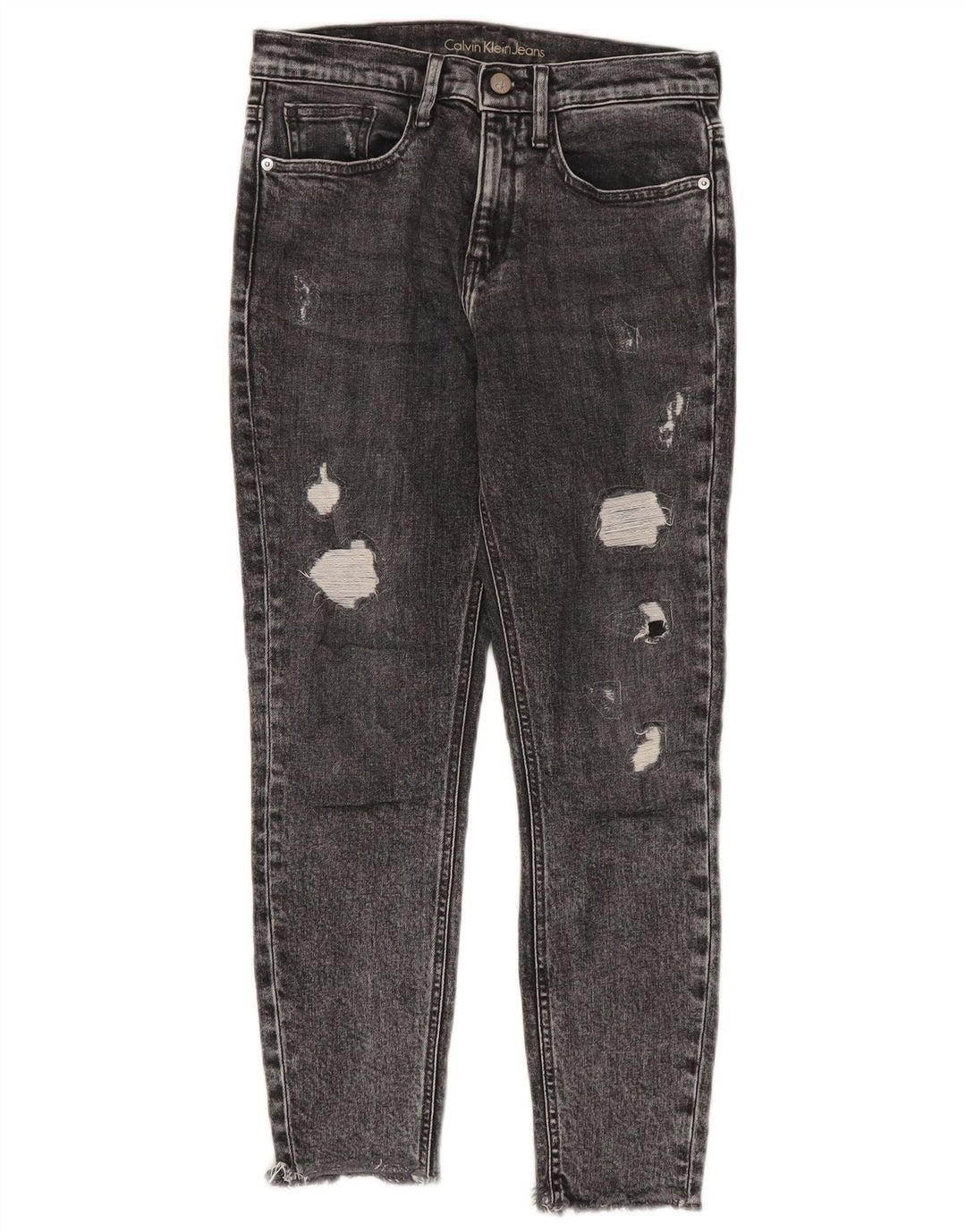 Calça jeans feminina Calvin Klein desgastada skinny cortada W27 L26 cinza