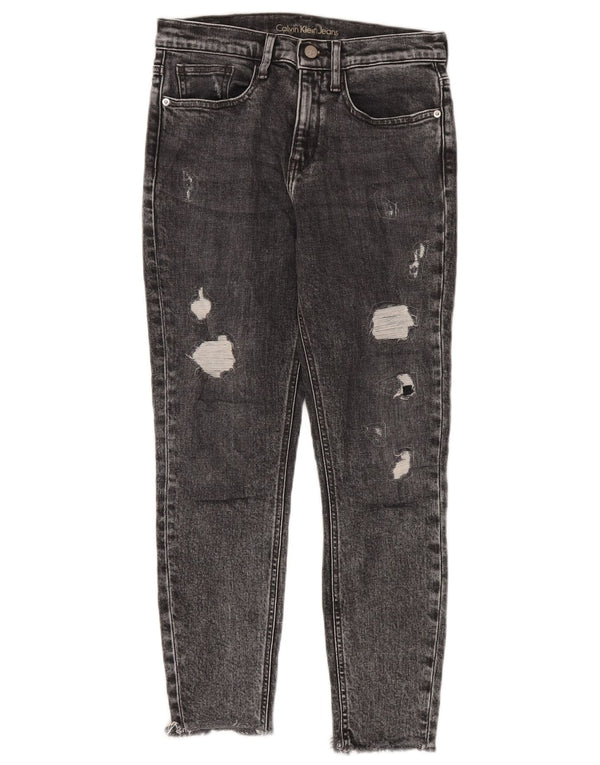 Calça jeans feminina Calvin Klein desgastada skinny cortada W27 L26 cinza