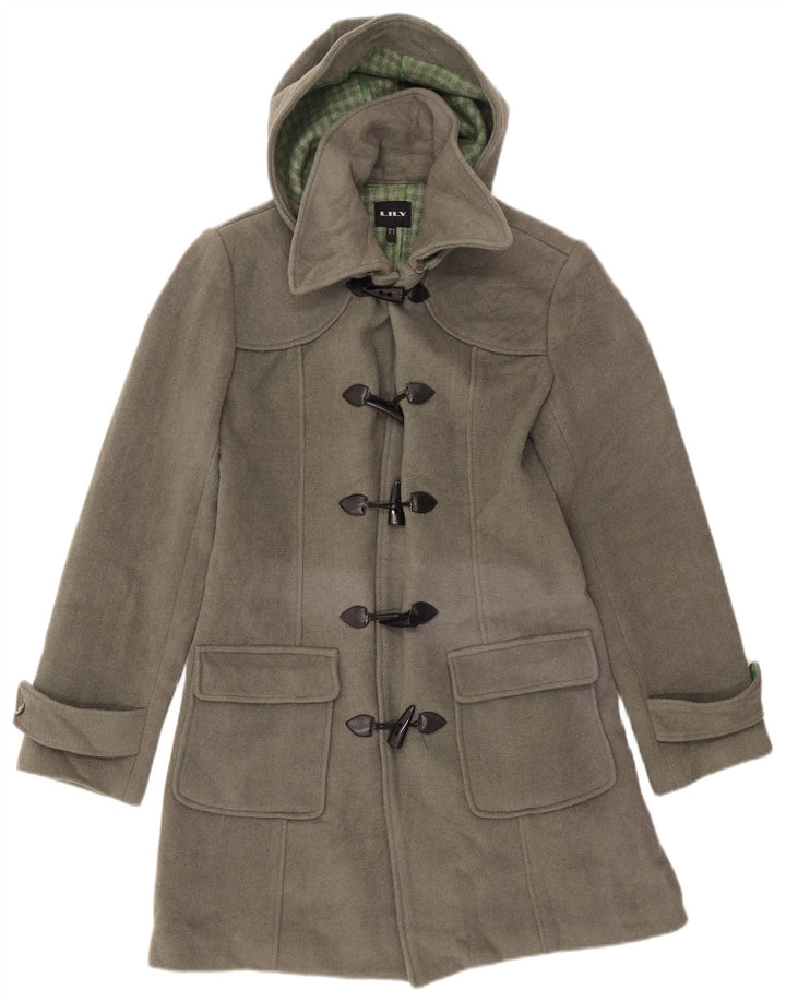 Casaco Duffle feminino com capuz VINTAGE Reino Unido 16 grande lã cinza