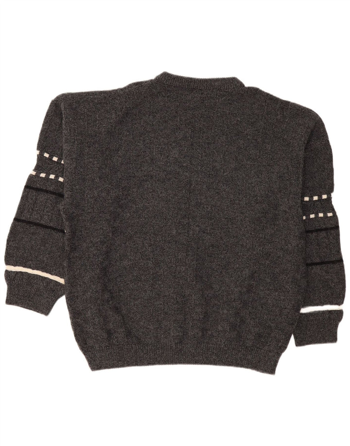 Suéter vintage masculino com gola redonda 2XL lã listrada cinza