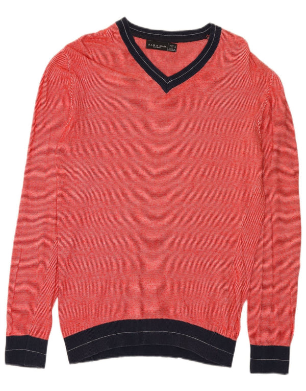 Zara Suéter masculino com decote em V grande viscose colorblock vermelho
