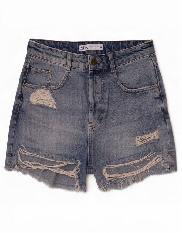 Zara Shorts jeans feminino de cintura alta desgastado UE 36 XS W26 algodão azul
