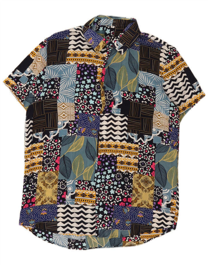 Camisa masculina vintage de manga curta com retalhos multicoloridos médios