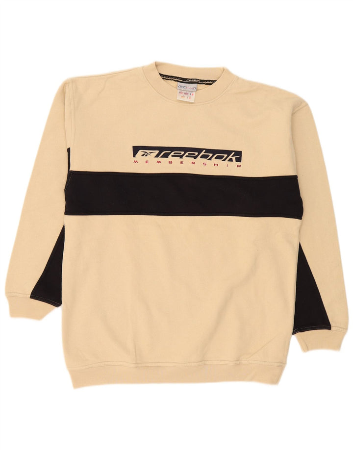 Reebok masculino gráfico moletom jumper pequeno bege colorblock algodão