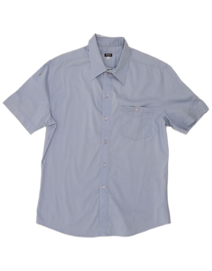Camisa masculina Versace de manga curta grande azul algodão