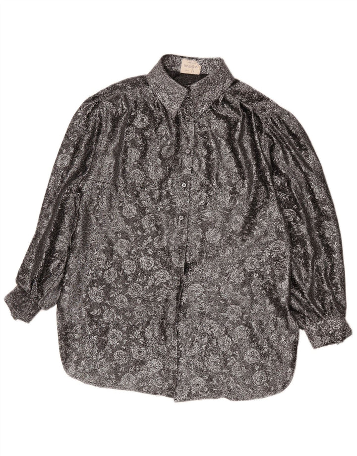 Camisa feminina vintage de ajuste solto EU 42 grande poliéster floral prateado
