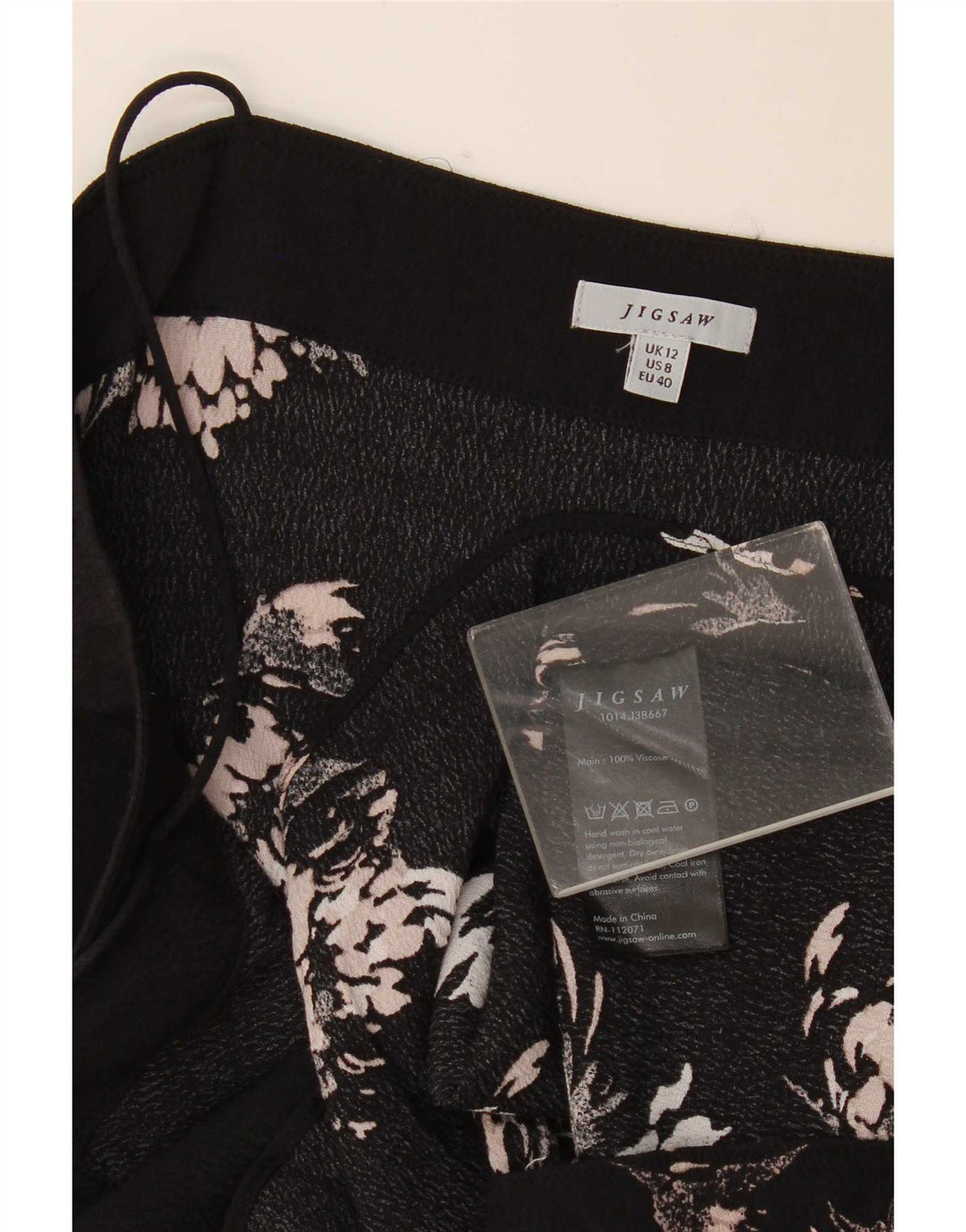 Jigsaw Top feminino com padrão abstrato cami UK 12 viscose preta média