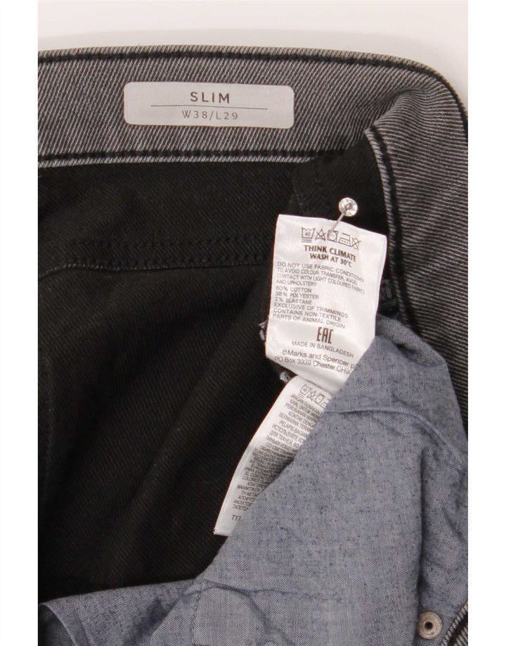 Marks & Spencer Calça jeans masculina desgastada W38 L29 algodão preto