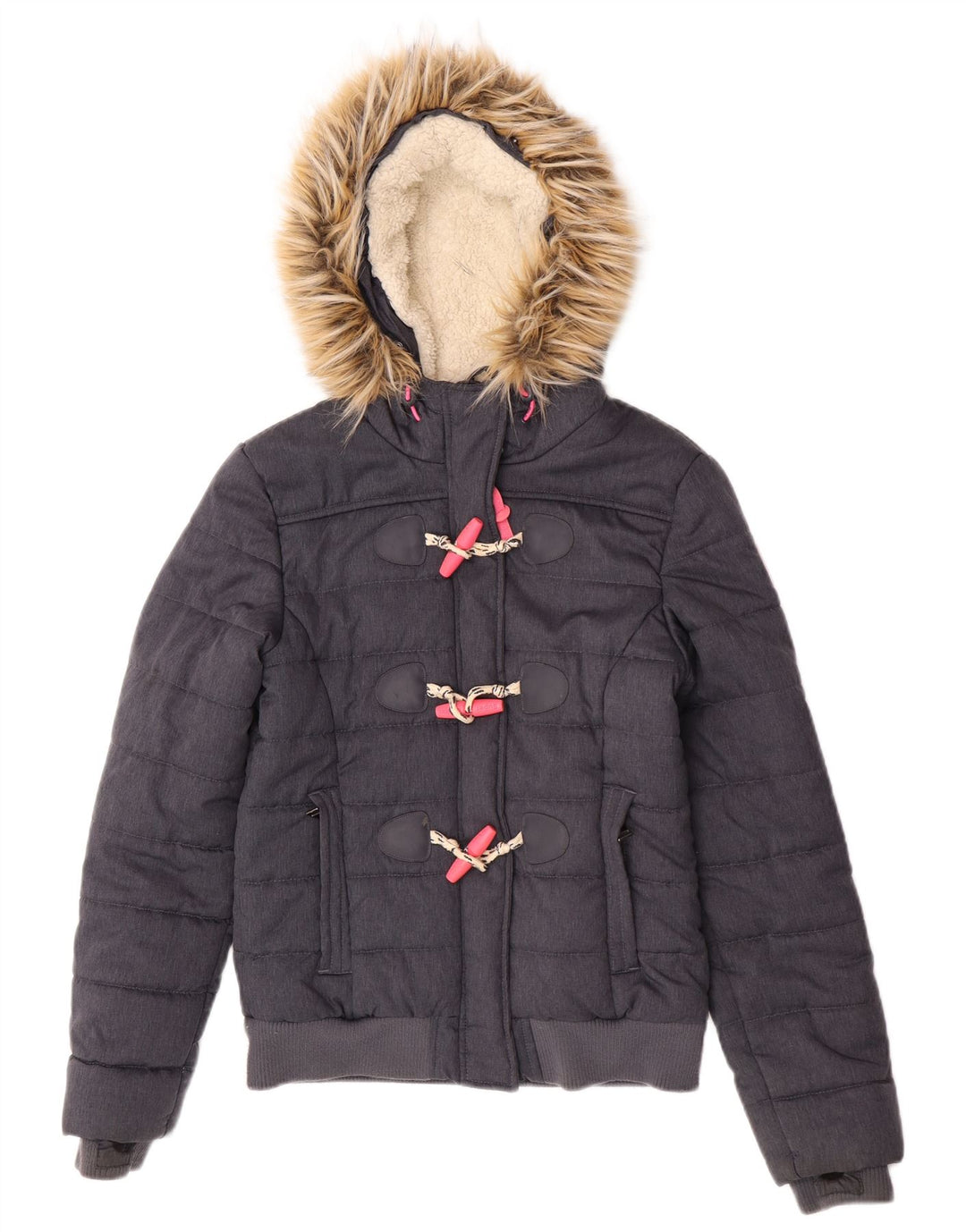 Jaqueta acolchoada bomber com capuz feminina Superdry UK 8 poliéster cinza pequeno