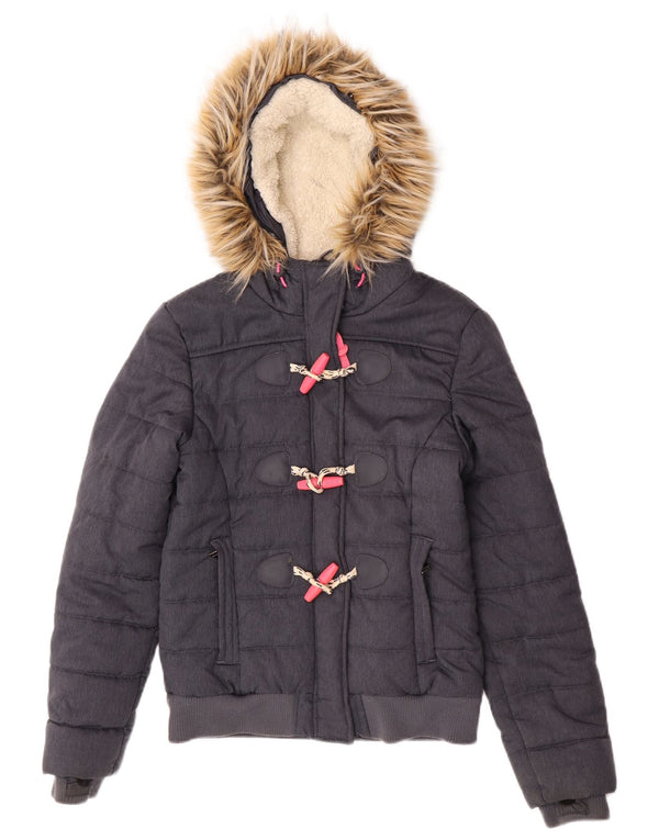 Jaqueta acolchoada bomber com capuz feminina Superdry UK 8 poliéster cinza pequeno