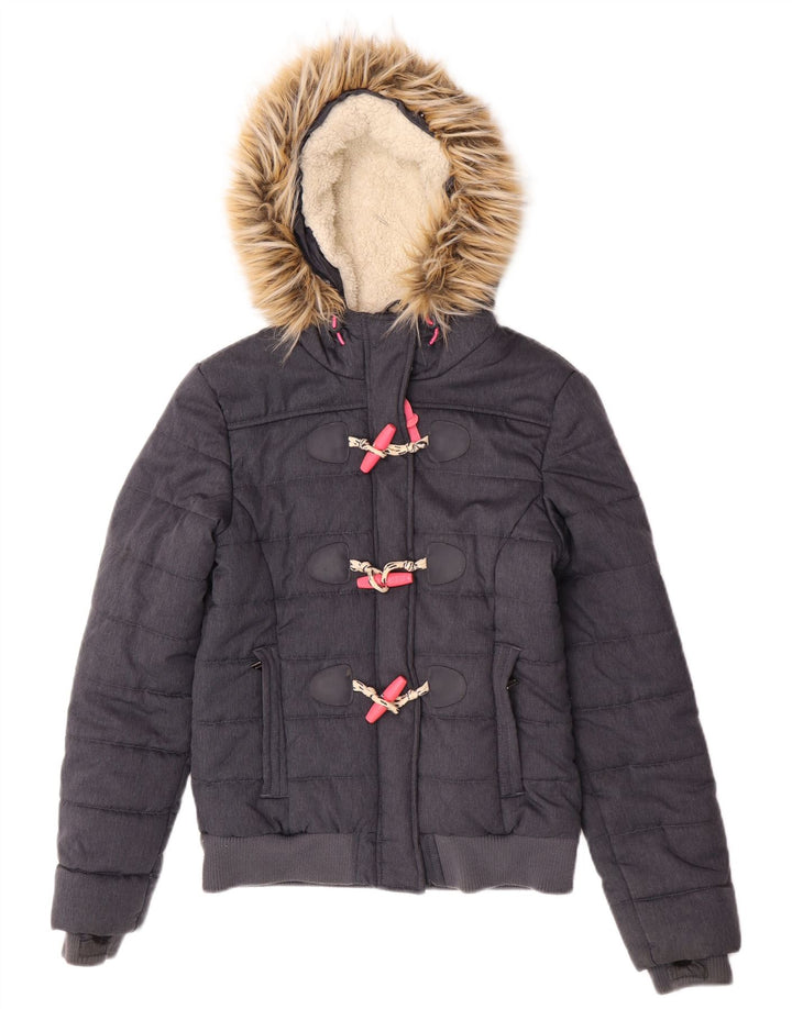 Jaqueta acolchoada bomber com capuz feminina Superdry UK 8 poliéster cinza pequeno