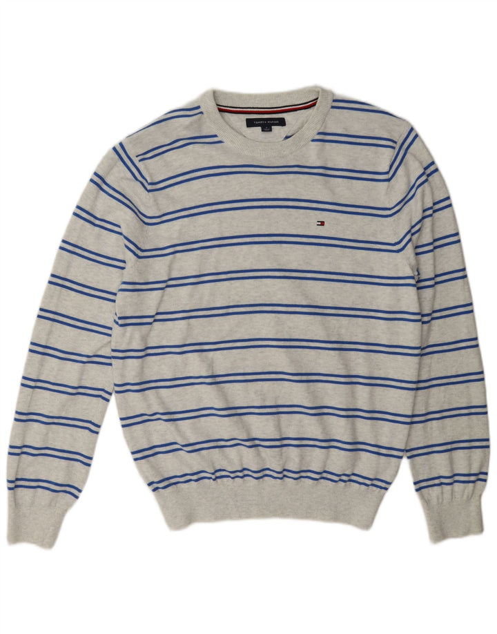 Suéter masculino Tommy Hilfiger com gola redonda e algodão listrado cinza médio