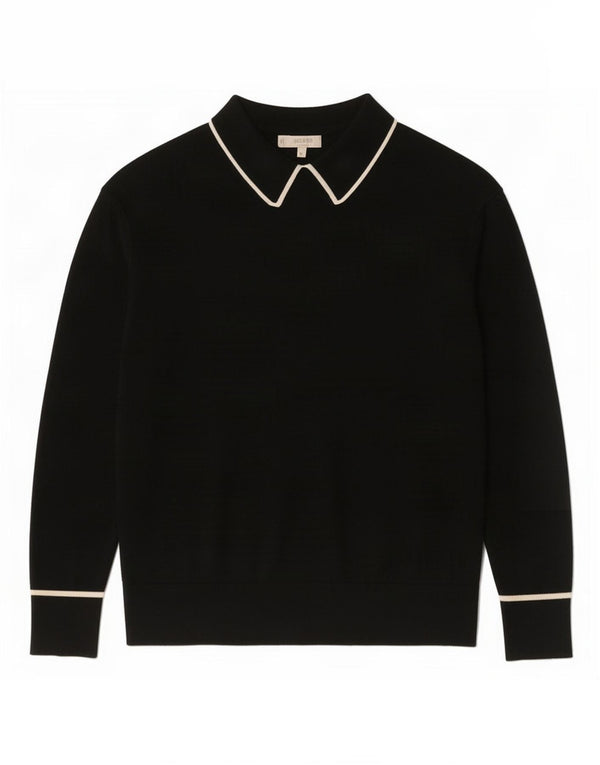Suéter feminino Hobbs com gola polo e gola polo Reino Unido 14 lã merino preta média
