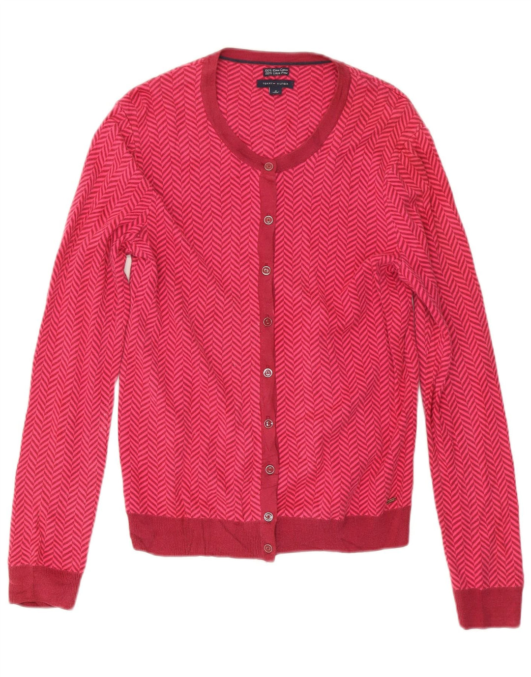 Suéter cardigã feminino Tommy Hilfiger Reino Unido 14 algodão espinha de peixe rosa médio