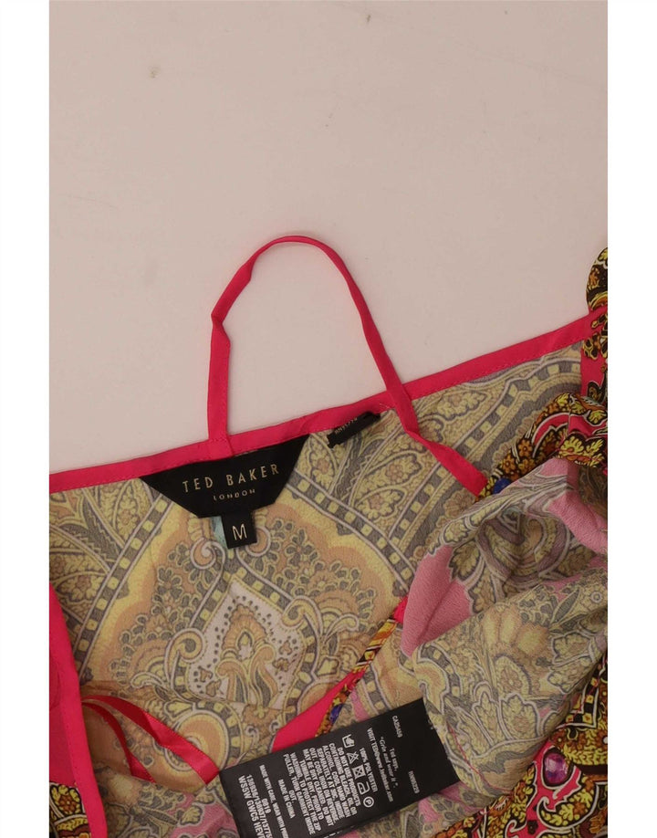 Ted Baker Top feminino frente única UK 12 poliéster paisley rosa médio