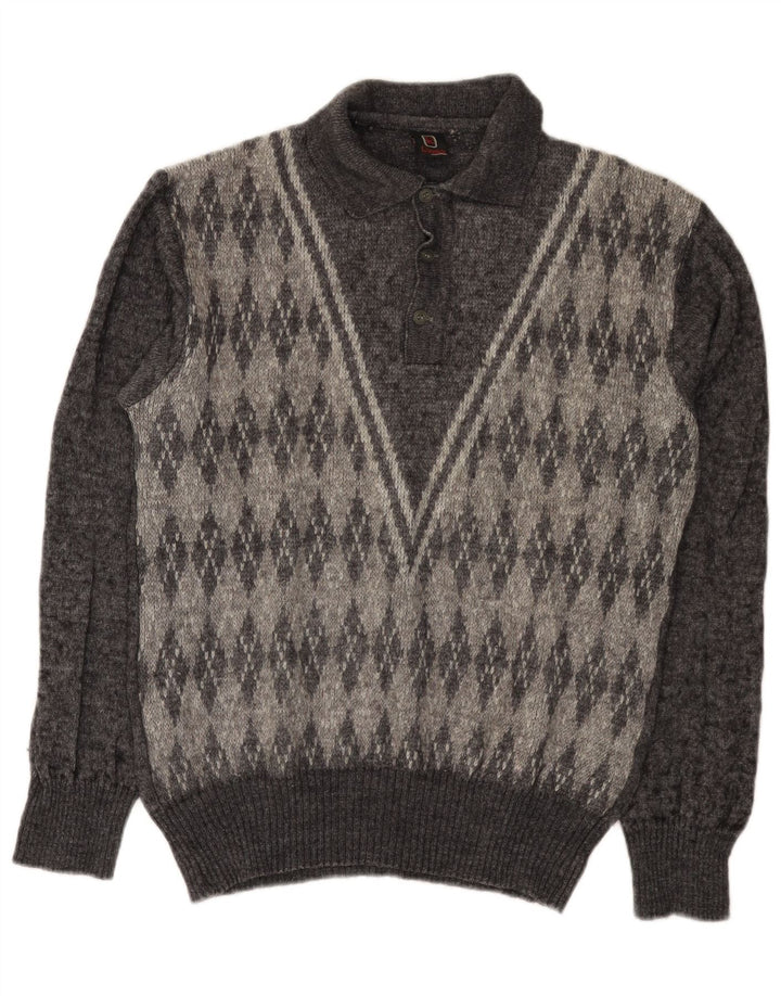 Suéter masculino Rinaldi com gola polo cinza médio Argyle/lã diamante