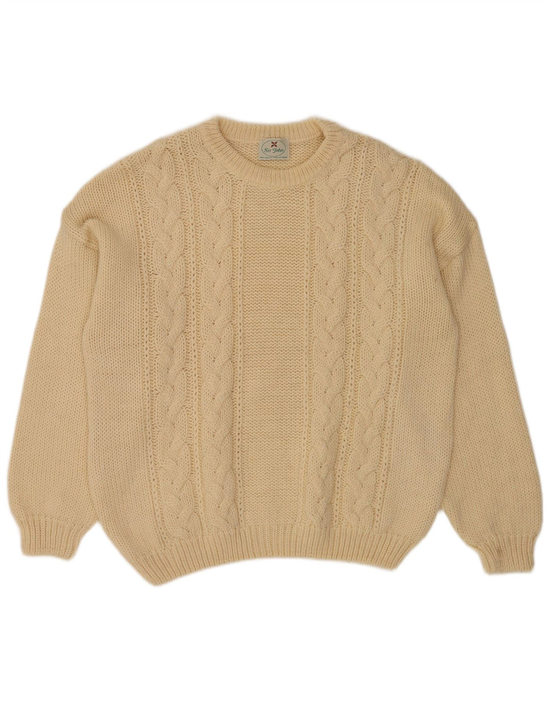 Suéter vintage masculino com gola redonda, lã bege média