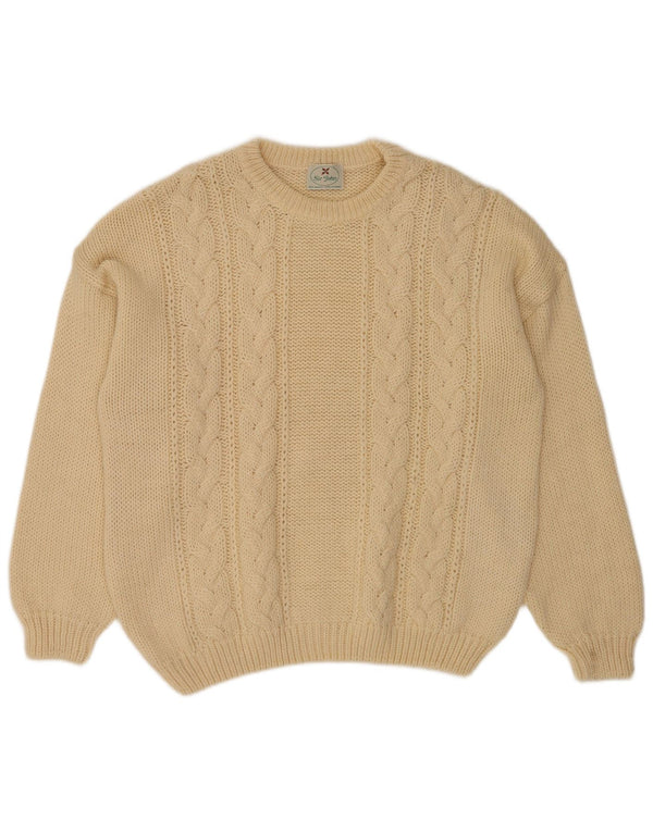 Suéter vintage masculino com gola redonda, lã bege média
