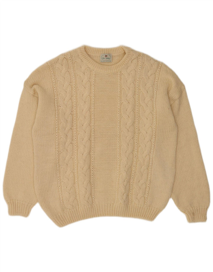 Suéter vintage masculino com gola redonda, lã bege média