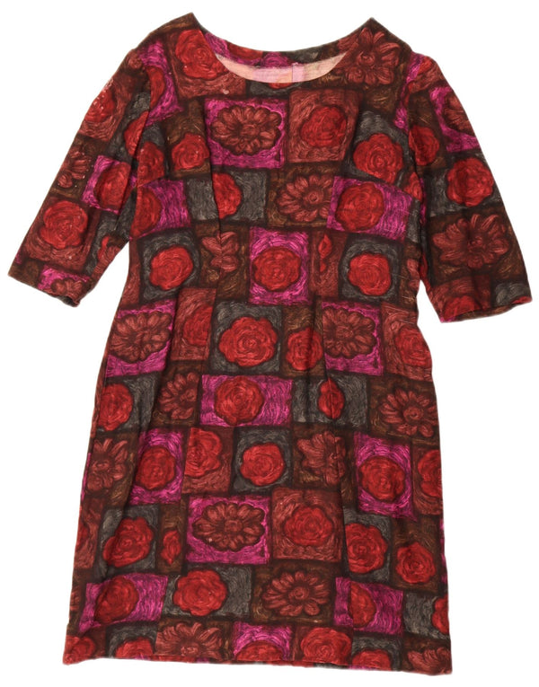 Vestido feminino vintage manga 3/4 com bainha UK 12 médio vermelho floral