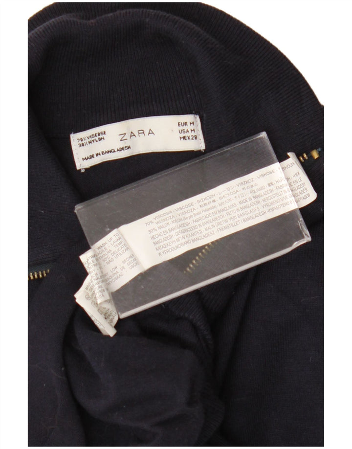 Suéter feminino Zara com zíper e gola alta Reino Unido 12 médio azul marinho viscose