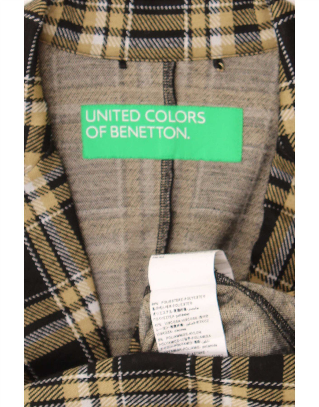 Jaqueta blazer feminina Benetton com 1 botão UK 10 poliéster xadrez preto pequeno