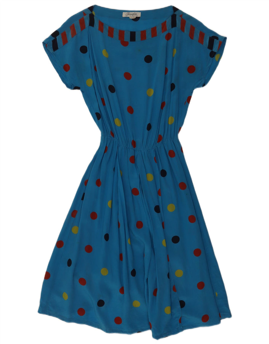 Vestido feminino pianoforte evasê IT 44 seda azul médio com bolinhas