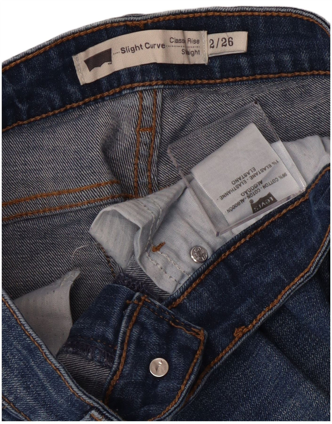Calça jeans feminina Levi's ligeiramente curvilínea reta US 2 pequena W26 L29 azul clássica