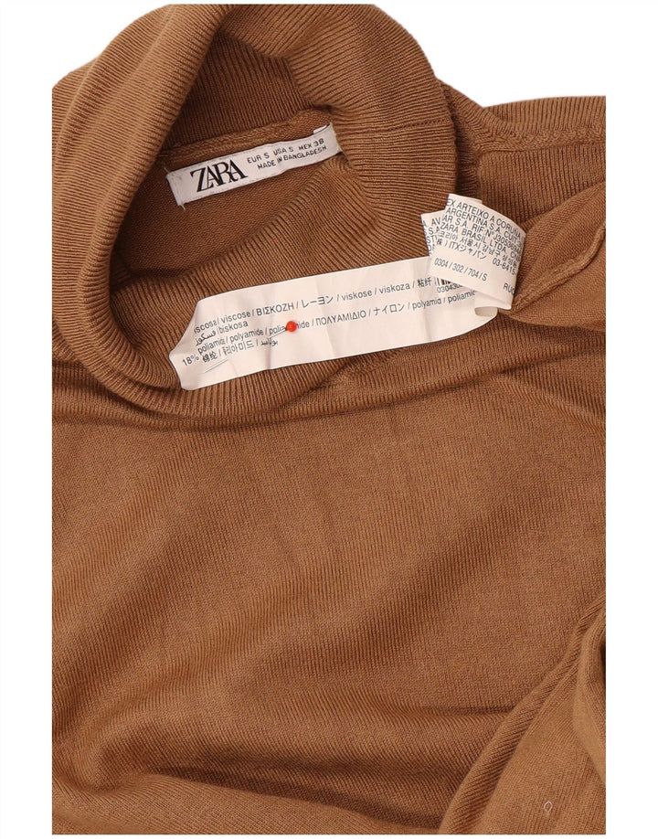 Suéter feminino Zara com gola redonda e viscose marrom pequena Reino Unido 10