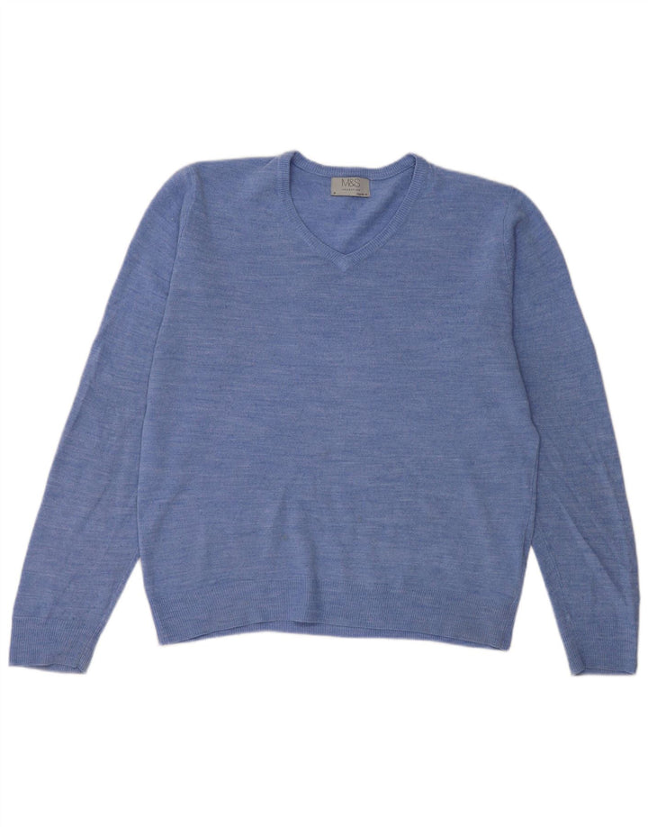 Suéter masculino Marks & Spencer com ajuste regular e decote em V acrílico azul médio