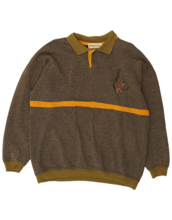 Suéter vintage masculino com gola polo e lã listrada cáqui grande