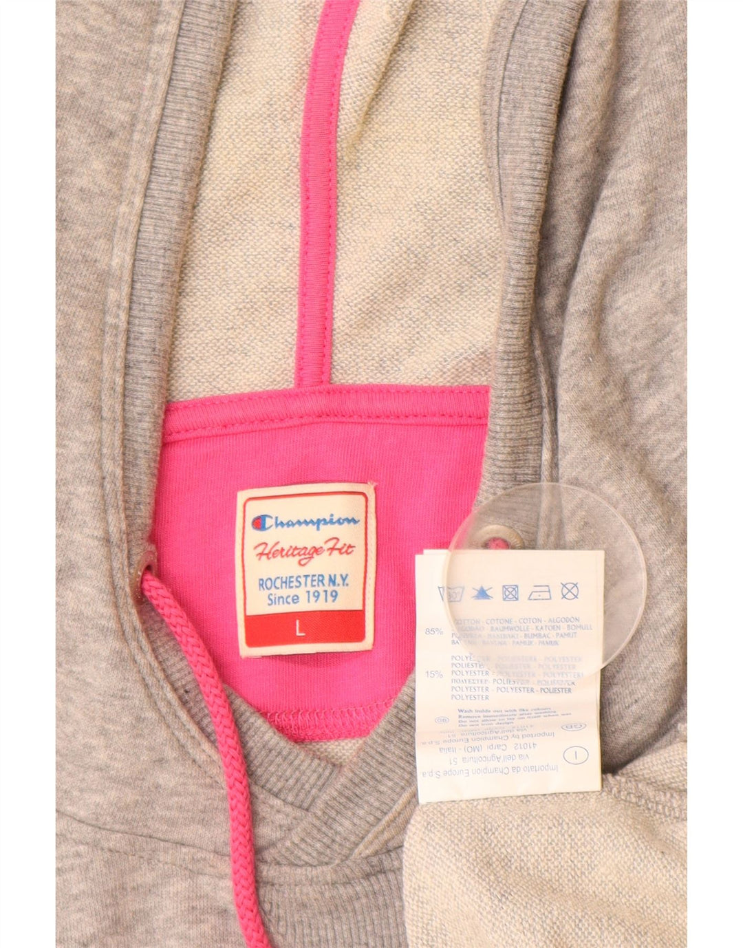 CHAMPION Suéter feminino com capuz gráfico Heritage Fit Reino Unido 16 grande algodão cinza