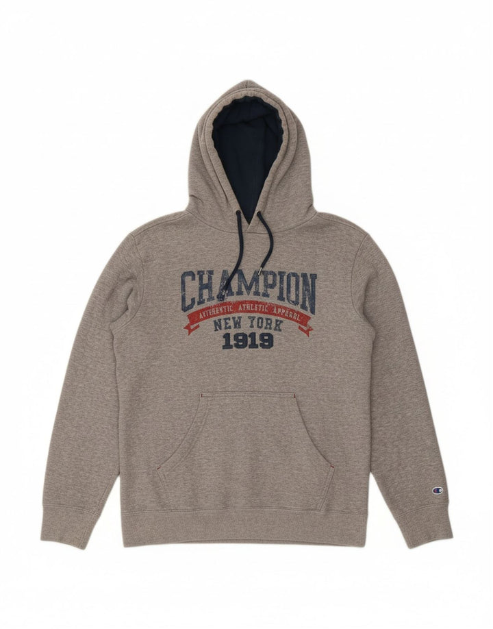 CHAMPION Suéter com capuz gráfico masculino cinza médio