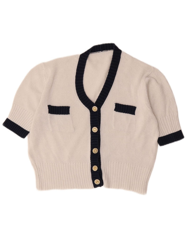 Suéter cardigã feminino vintage de manga curta UK 12 bloco colorido branco médio