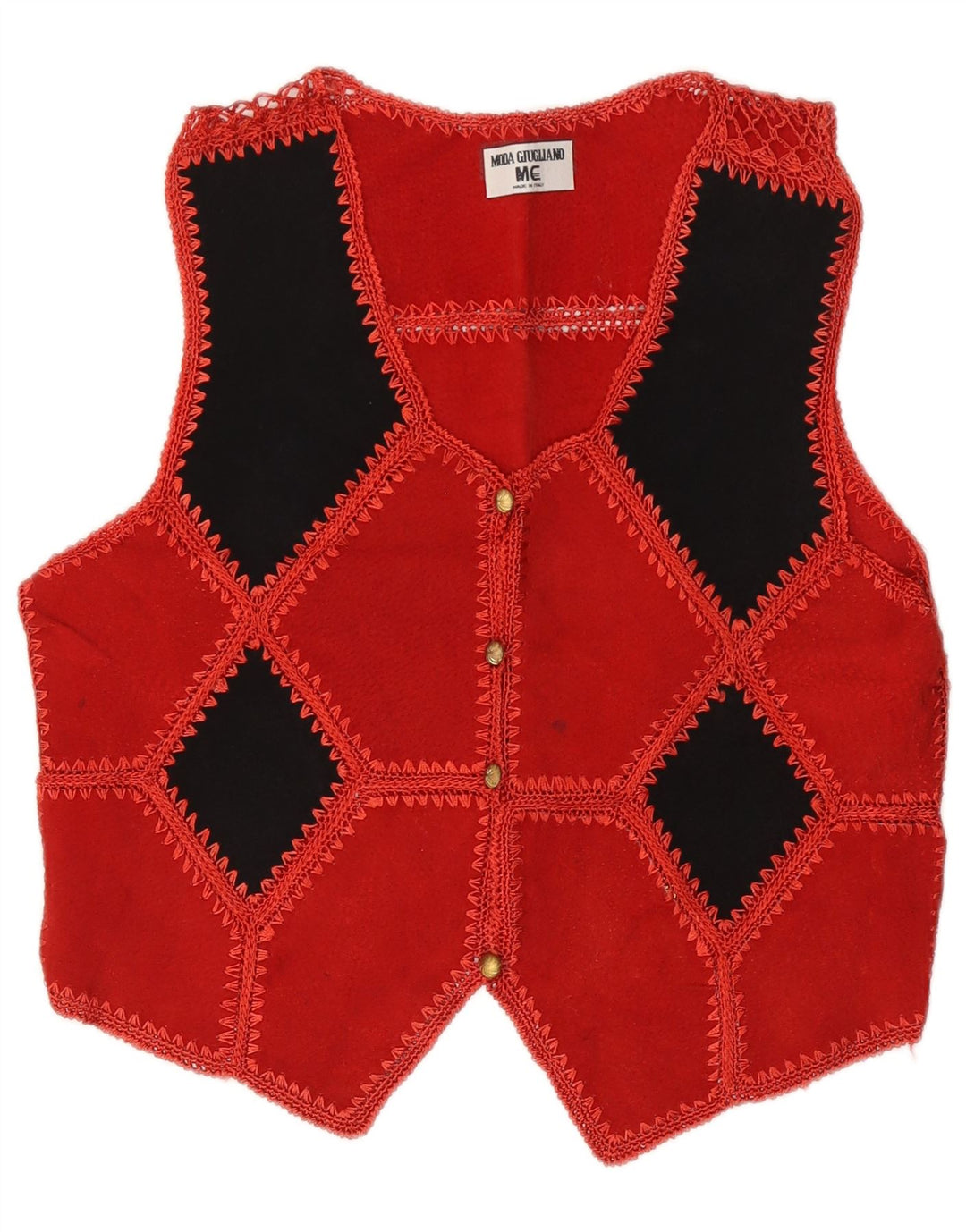 Colete feminino vintage de camurça UK 14 médio vermelho geométrico