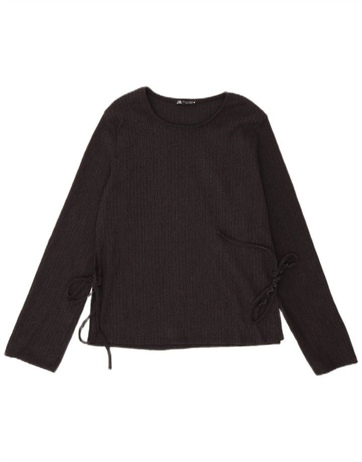 Top feminino Zara manga comprida UK 10 pequeno poliéster preto