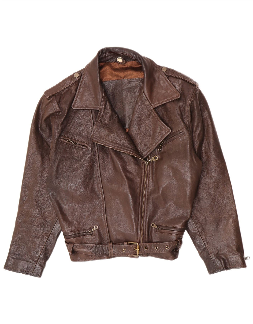 Jaqueta de motociclista de couro superdimensionada feminina vintage Reino Unido 6 XS couro marrom