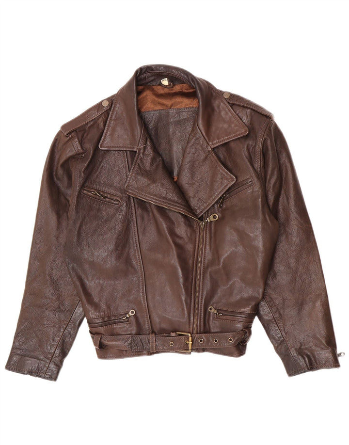 Jaqueta de motociclista de couro superdimensionada feminina vintage Reino Unido 6 XS couro marrom