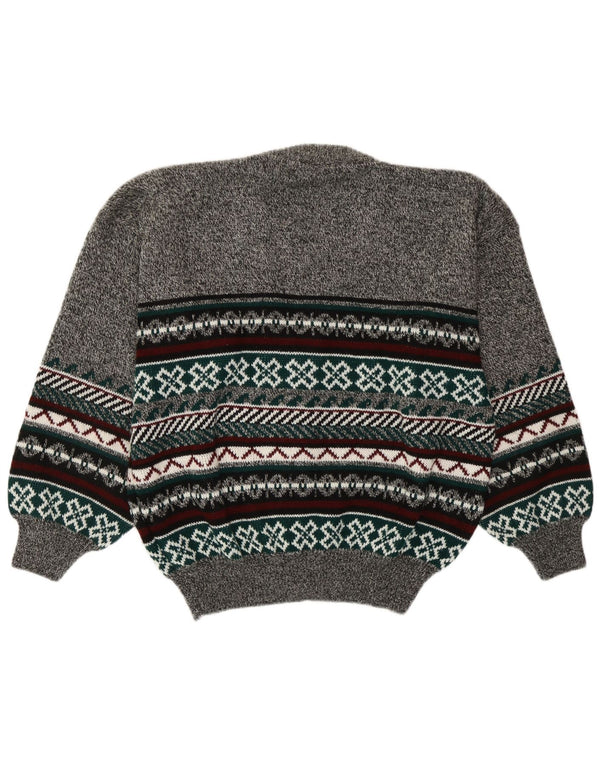 Suéter cardigã masculino vintage grande cinza Fair Isle