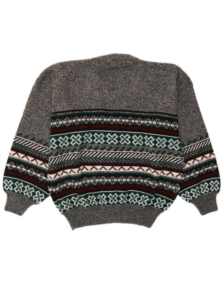 Suéter cardigã masculino vintage grande cinza Fair Isle