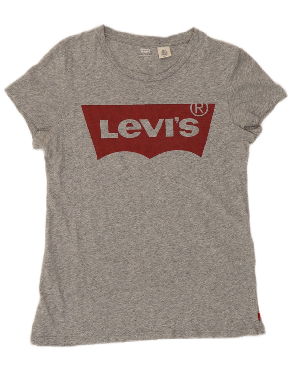 Camiseta feminina gráfica Levi's UK 10 algodão manchado cinza pequeno