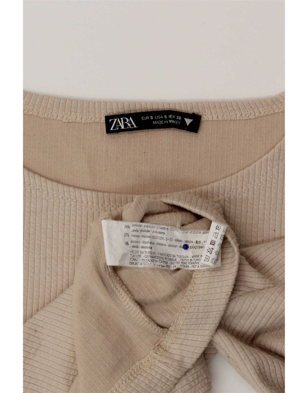 Zara Crop Top Feminino Manga Longa Reino Unido 8 Pequeno Poliéster Bege