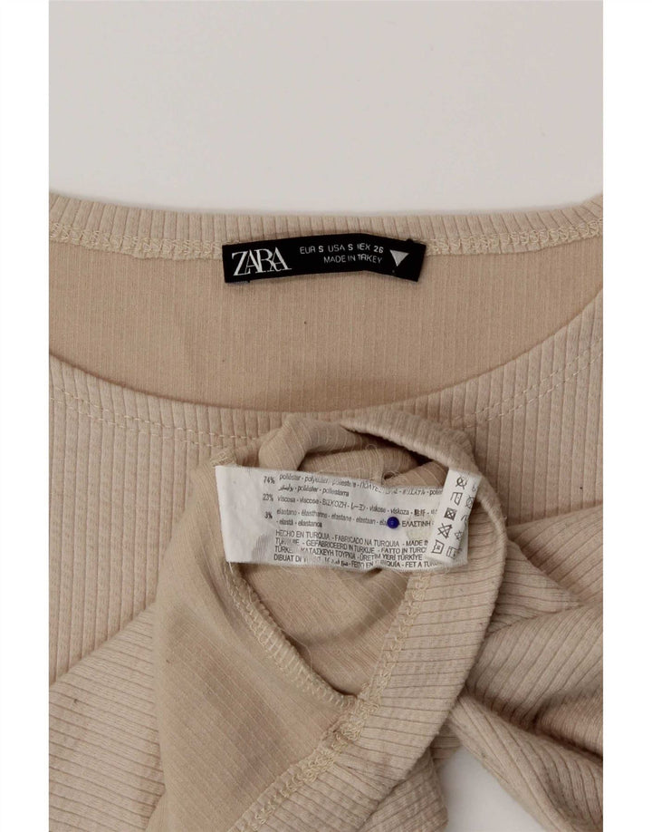 Zara Crop Top Feminino Manga Longa Reino Unido 8 Pequeno Poliéster Bege