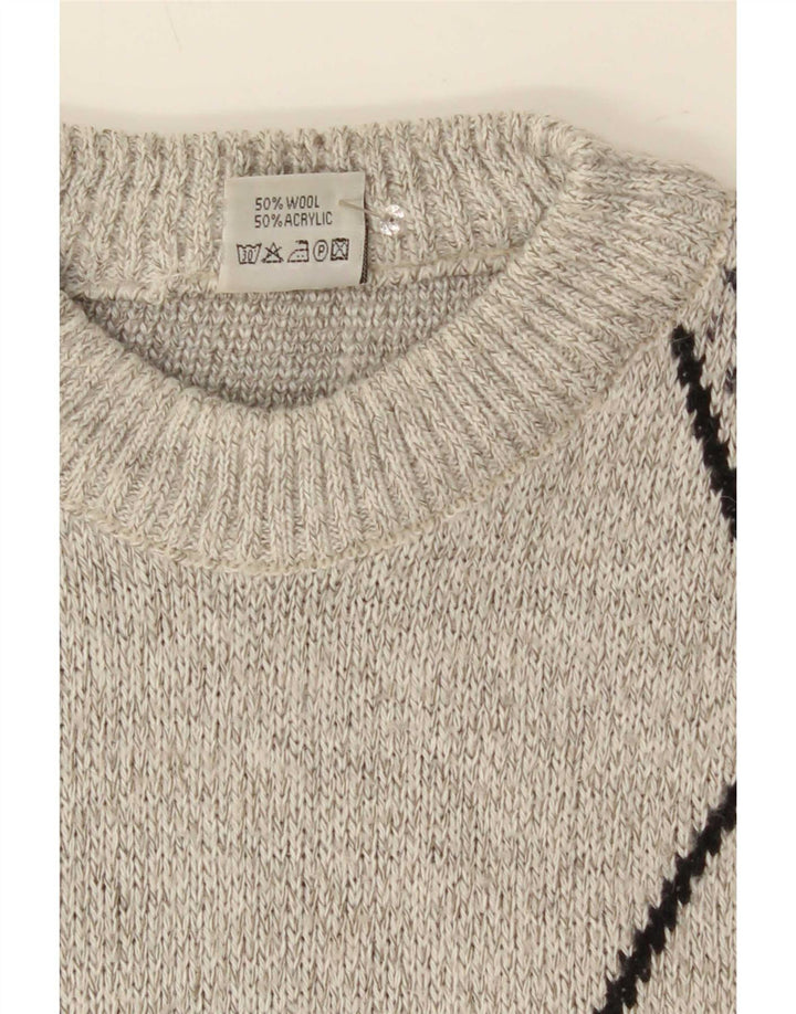 Suéter vintage masculino com gola redonda, grande lã geométrica cinza