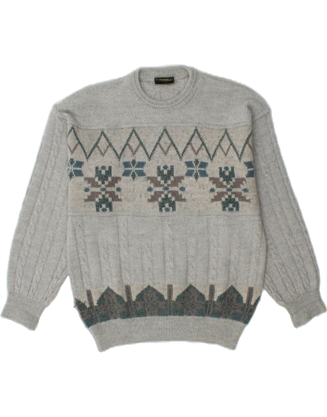 VINTAGE Mens Crew Neck Jumper Sweater Medium Grey Fair Isle Vintage Vintage and Second-Hand Vintage from Messina Hembry 